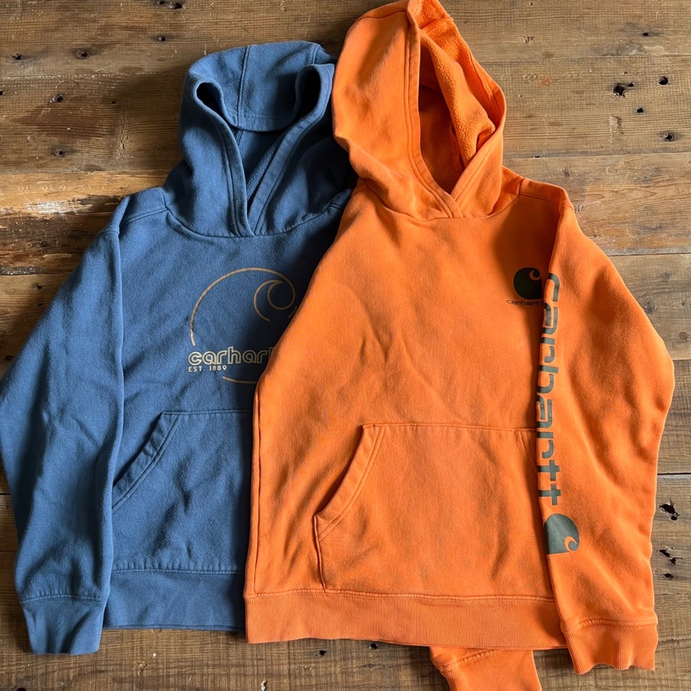 Lot of 2 Carhartt Kids Hoodie Sweatshirts Orange Small Blue Medium Pullover